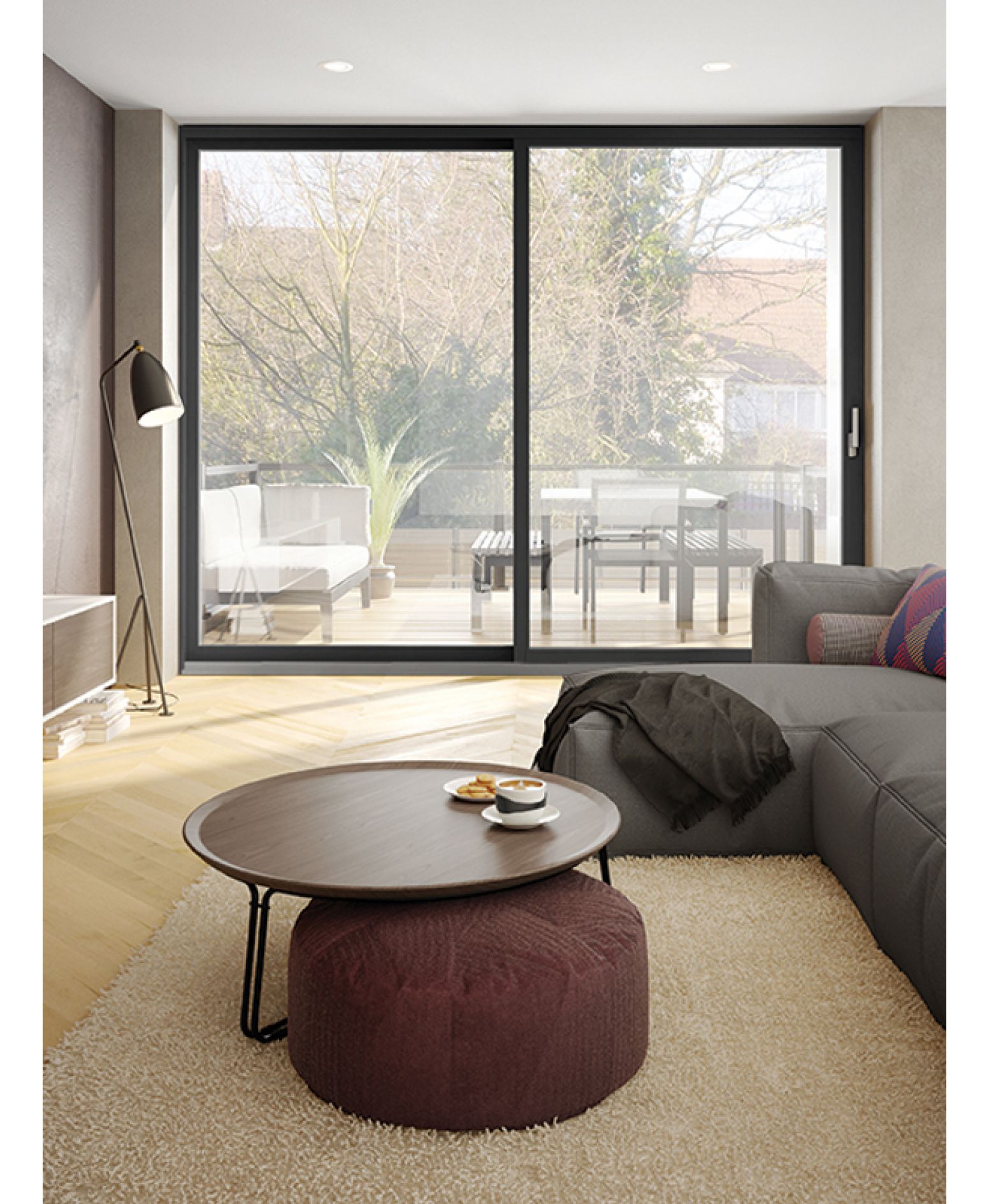 Porte patio Loft dans un salon moderne avec vue sur la terrasse