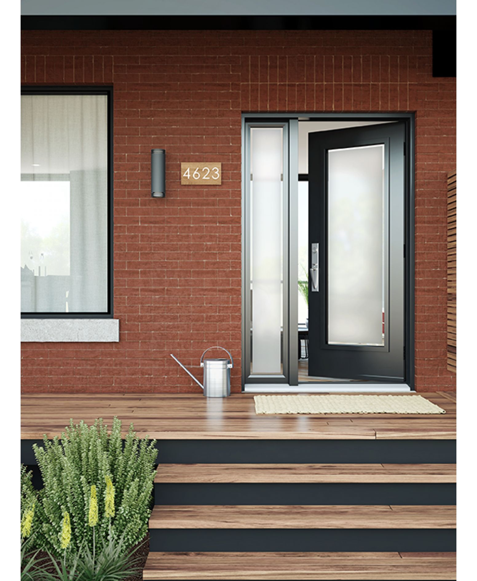 Porte extérieure Edge noire moderne sur une maison en brique rouge avec un porche en bois.